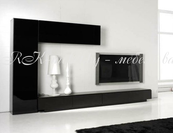 Стенка для ТВ с черными глянцевыми фасадами фото №1