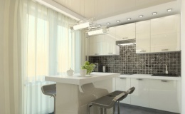 Линейная кухня из мдф белая с барной стойкой фото №5