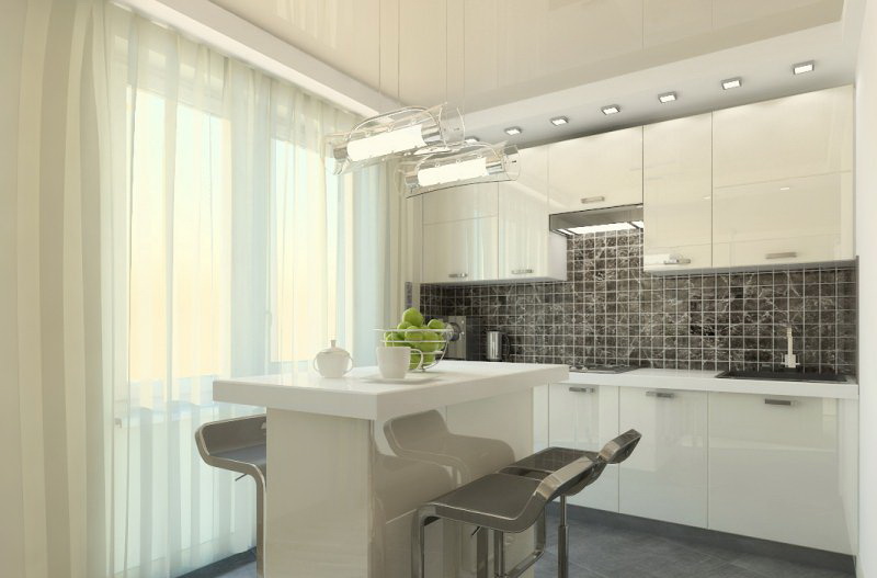 Линейная кухня из мдф белая с барной стойкой фото №1