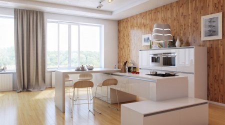 Белая кухня из пластика с островом