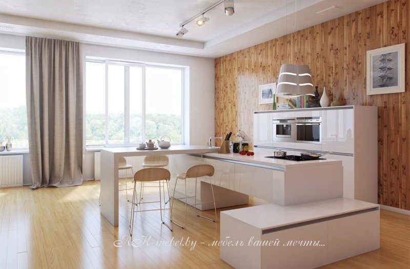 Белая кухня из пластика с островом фото №2